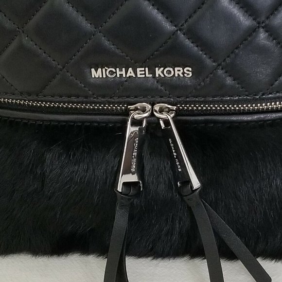 MICHAEL KORS RHEA ZIP MEDIUM BACKPACK BLACK QUILT LEATHER RABBIT FUR BAG NWT! - Picture 10 of 12